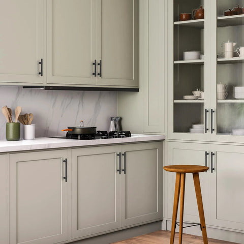 Modern kitchen with gray cabinets featuring 12 Pack Matte Black Cabinet Pulls 5 Inch Center To Center Handles For Cabinets And Dressers.