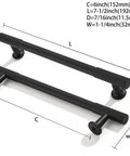 2 Pack 6 Inch Center To Center Matte Black Cabinet Pulls Heavy Duty Drawer Handles shown with dimensions for kitchens and cabinets