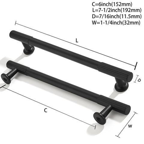 2 Pack 6 Inch Center To Center Matte Black Cabinet Pulls Heavy Duty Drawer Handles shown with dimensions for kitchens and cabinets