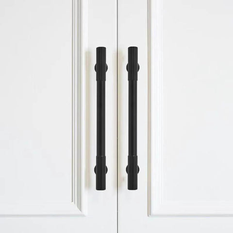 2 Pack 6 Inch Center To Center Matte Black Cabinet Pulls Heavy Duty Drawer Handles for kitchens, bathrooms, and cabinets installed on white doors