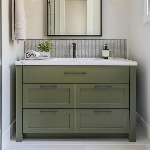 Green vanity with 12 Pack Matte Black Cabinet Pulls 5 Inch Center To Center Handles For Cabinets And Dressers in a bathroom setting.