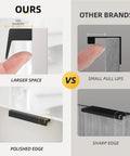 Comparison of 10 Pack 5 Inch Matte Black Cabinet Handles Drawer Pulls vs other brands, highlighting larger space and polished edges.
