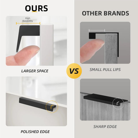 Comparison of 10 Pack 5 Inch Matte Black Cabinet Handles Drawer Pulls vs other brands, highlighting larger space and polished edges.
