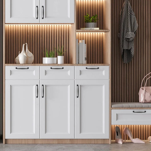 Five Pack Six And A Quarter Inch Matte Black Kitchen Cabinet Pulls Made From Solid Zinc Alloy installed on white cabinets