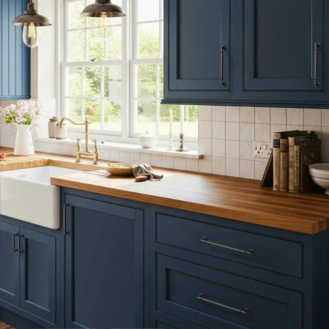 Kitchen with blue cabinets featuring 10 Pack Matte Black Cabinet Pulls With 5 Inch Center to Center Hole Spacing Heavy Duty Solid Zinc Alloy.