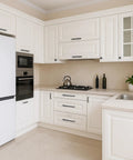 Modern kitchen with white cabinets featuring 10 Pack Matte Black Cabinet Pulls With 5 Inch Center To Center Measurement Solid Zinc Alloy Drawer Handles.