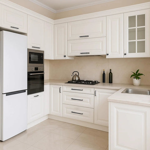 Modern kitchen with white cabinets featuring 10 Pack Matte Black Cabinet Pulls With 5 Inch Center To Center Measurement Solid Zinc Alloy Drawer Handles.