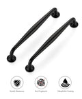 Image of two Five Pack Six And A Quarter Inch Matte Black Kitchen Cabinet Pulls Made From Solid Zinc Alloy with scratch resistance icons