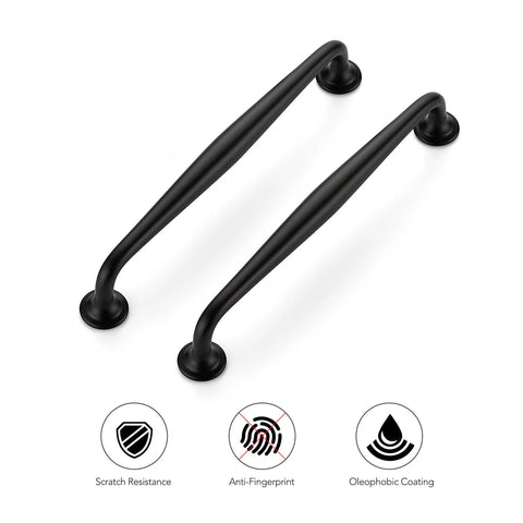 Image of two Five Pack Six And A Quarter Inch Matte Black Kitchen Cabinet Pulls Made From Solid Zinc Alloy with scratch resistance icons