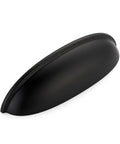 Matte black cup drawer pull for cabinets and drawers, 5-inch hole centers, overall length 5-3/4 inch, includes screws, easy DIY installation.