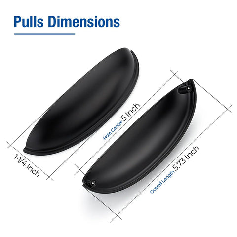 Dimensions of 10 Pack Matte Black Cup Drawer Pulls For Cabinets And Drawers, 5 Inch Hole Centers, Overall Length 5-3/4 Inch, Width 1-1/4 Inch