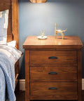 Wooden nightstand with 10 Pack Matte Black Cup Drawer Pulls For Cabinets And Drawers, 5 Inch Hole Centers installed, room decor