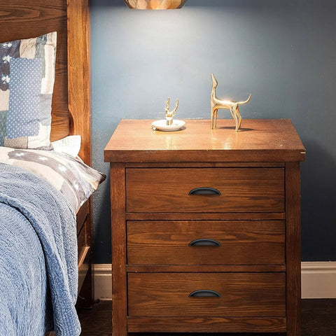 Wooden nightstand with 10 Pack Matte Black Cup Drawer Pulls For Cabinets And Drawers, 5 Inch Hole Centers installed, room decor