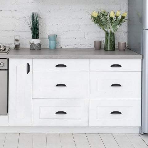 Cabinet with 10 Pack Matte Black Cup Drawer Pulls For Cabinets And Drawers, 5 Inch Hole Centers, Overall Length 5-3/4 Inch