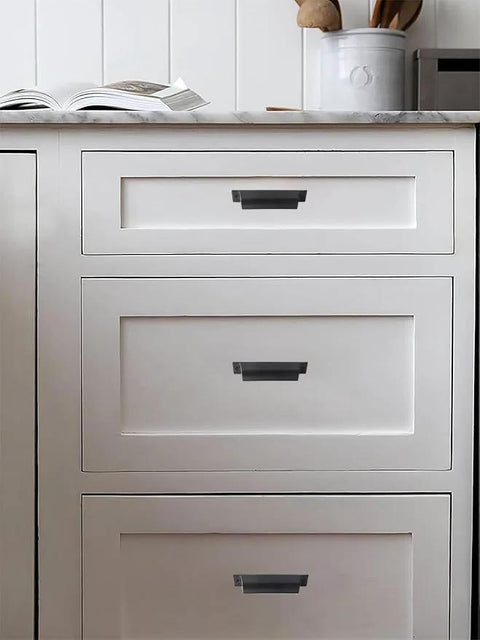 Installed 10 Pack 3 Inch Center To Center Matte Black Cabinet Cup Pulls For Drawers And Cabinets on white kitchen drawers