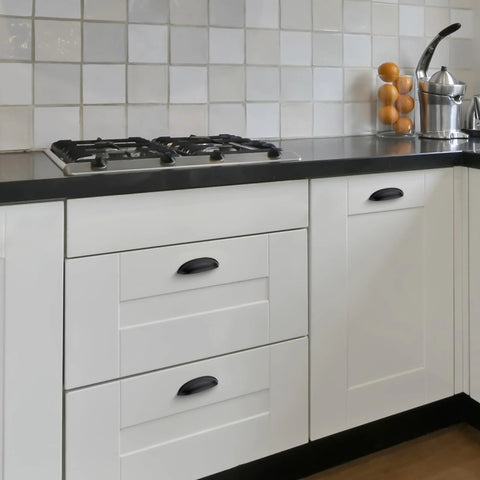 10 Pack Matte Black Cup Drawer Pulls For Cabinets And Drawers, 5 Inch Hole Centers, on kitchen cabinets