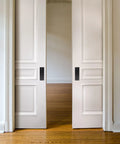 Finger Flush Pulls For Closet Pocket Sliding Barn Doors Set With Recessed Matte Black Rectangular Plate Handles Includes Mounting Hardware Heavy Duty Satin Black Finish Durable For High Use Closets And Interior Doors installed on white pocket doors