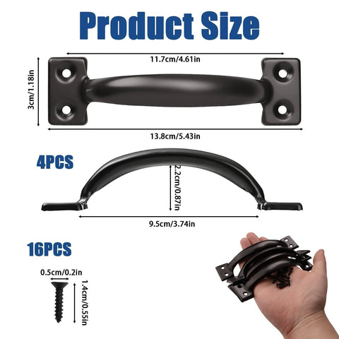 4 Pack 6 Inch Bow Door Handles Matte Black Vintage Rustic Pulls For Barn Doors Sheds Cabinets Gates And Outdoor Fences Durable Cold Rolled Steel Rustproof Hardware, showing dimensions and hand holding handles.