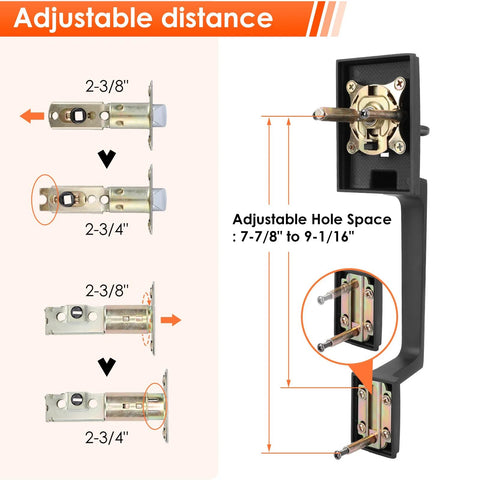 Adjustable components of Matte Black Double Door Handle Set With Keyed Deadbolt And Dummy Lever For Double Doors shown in diagram.