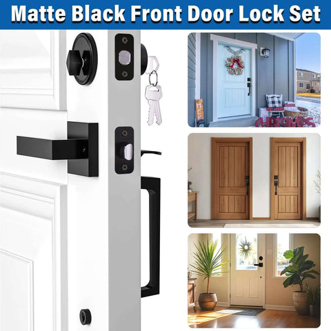 Matte Black Front Door Handle And Single Cylinder Deadbolt Combo Set with Exterior Door Lever installed on various doors