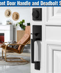 Matte Black Front Door Handle And Single Cylinder Deadbolt Combo Set With Exterior Door Lever, installed on a white door