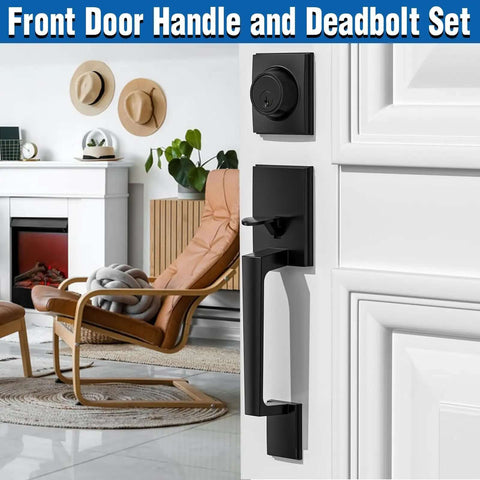 Matte Black Front Door Handle And Single Cylinder Deadbolt Combo Set With Exterior Door Lever, installed on a white door
