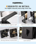 Collage of Matte Black Front Door Handle And Deadbolt Set details, featuring reversible latch, lock button, and strong construction.