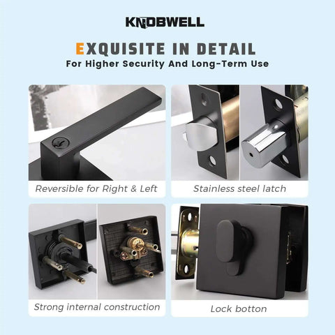 Collage of Matte Black Front Door Handle And Deadbolt Set details, featuring reversible latch, lock button, and strong construction.