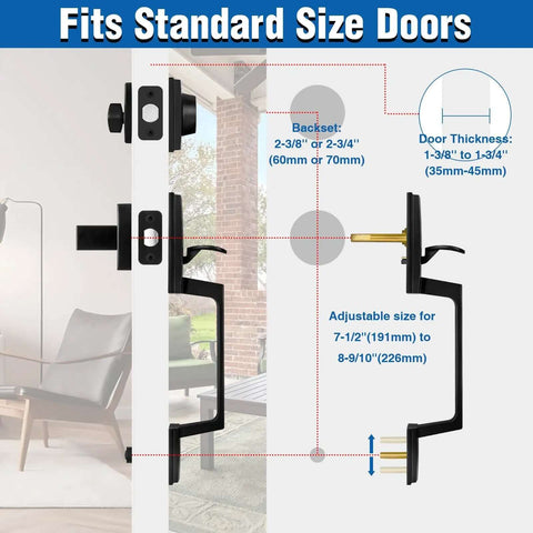 Diagram of Matte Black Front Door Handle And Single Cylinder Deadbolt Combo Set With Exterior Door Lever showing dimensions and installation details