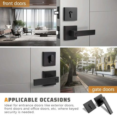 Matte Black Front Door Handle And Deadbolt Set With Keyed Entry Heavy Duty Exterior Lock Kit displayed on doors