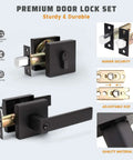 Matte Black Front Door Handle And Deadbolt Set With Keyed Entry Heavy Duty Exterior Lock Kit displayed with security features.