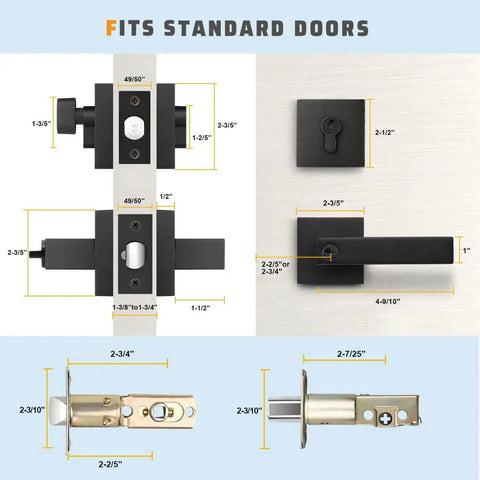 Diagram showing measurements of Matte Black Front Door Handle And Deadbolt Set With Keyed Entry Heavy Duty Exterior Lock Kit.