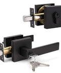 Matte Black Front Door Handle And Deadbolt Set With Keyed Entry Heavy Duty Exterior Lock Kit Single Cylinder Deadbolt close-up view