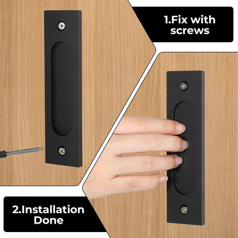 Matte Black Sliding Barn Door Handles 2 Pack Rectangular Recessed Pulls for Pocket Doors Drawers and Cabinets installed on wood