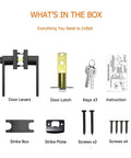 Heavy Duty Matte Black Interior Door Handles Kit 5 Pack with door levers, door latch, keys, instruction, strike box, strike plate, screws.