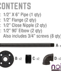 Contents of 1/2 In X 6 In Matte Black Pipe Sliding Barn Door Handle Kit including pipe, flanges, nipples, and elbows.