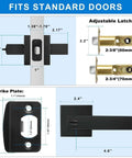 Matte Black Door Handles 10 Pack Privacy Levers For Interior Doors with adjustable latch, strike plate dimensions shown.