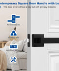 5 Pack Matte Black Interior Door Handles For Bedrooms And Bathrooms With Keyless Privacy Lock shown installed on a white door