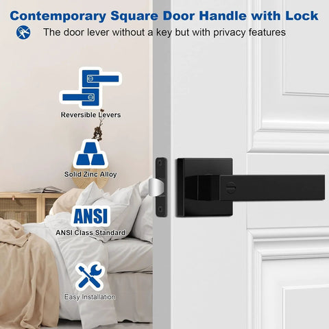 5 Pack Matte Black Interior Door Handles For Bedrooms And Bathrooms With Keyless Privacy Lock shown installed on a white door