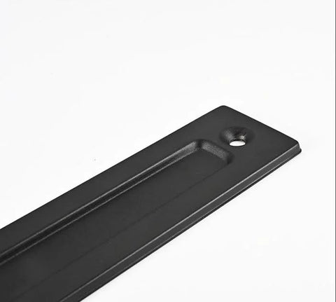 Flush Sliding Barn Door Handle Heavy Duty Finger Pull With Rectangular Plate Matte Black Finish Ideal For Sliding Barn Doors Cabinets Closets And Drawers No Sharp Edges Smooth Operation Durable Rust Resistant Construction One Piece Eight Point Six Six showing front view