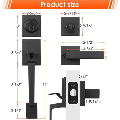 Size dimensions of Matte Black Double Door Handle Set With Keyed Deadbolt And Dummy Lever For Double Doors.