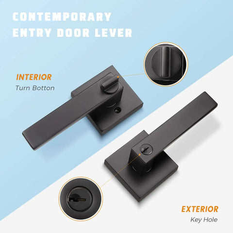 Exterior Door Handle Set With Heavy Duty Keyed Entry Lever Not Keyed Alike Matte Black Finish shown with interior and exterior view.