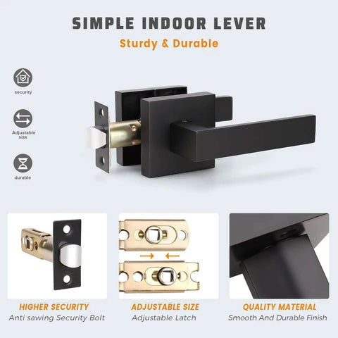 Matte Black Heavy Duty Built To Last Interior Door Handle Set with Square Classic Passage Knobs and adjustable latch features