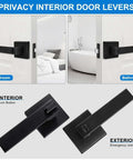 Matte Black Door Handles 10 Pack Privacy Levers For Interior Doors Built Tough with square rosette shown in bedroom and bathroom