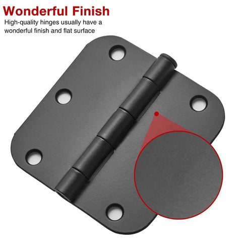 Close-up of a single hinge from the 30 Pack Rounded Matte Black Door Hinges 3.5 Inch 5/8" Radius Interior
