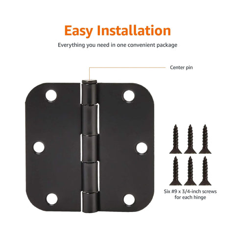 Sturdy Rounded Five Eighths Radius Interior Door Hinges 3.5 Inch By 3.5 Inch Matte Black 18 Pack Steel Construction with screws