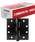 Three Pack 4.5 Inch by 4.5 Inch Commercial Grade Ball Bearing Door Hinges With Non Removable Pin UL Listed And 3 Hour Fire Rated Full Mortise JS-5BB1 Matte Black packaged box with hinge