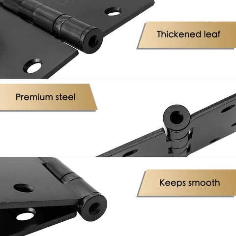 Close-up of Three Pack 4.5 Inch by 4.5 Inch Commercial Grade Ball Bearing Door Hinges With Non Removable Pin, matte black finish.