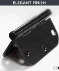 Close-up of matte black interior door hinge with 3-1/2 in x 3-1/2 in dimensions, part of 18 pack for home, closets, bathrooms.