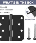 12 Pack 4 Inch Matte Black Exterior Door Hinges With Five Eighths Radius And Square Corners, Removable Pin, Heavy Duty, Anti Rust, No Squeaks For Front And Back Doors, includes screws